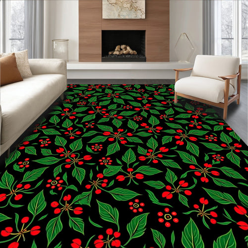 Black Green Red Berry Floral Rug