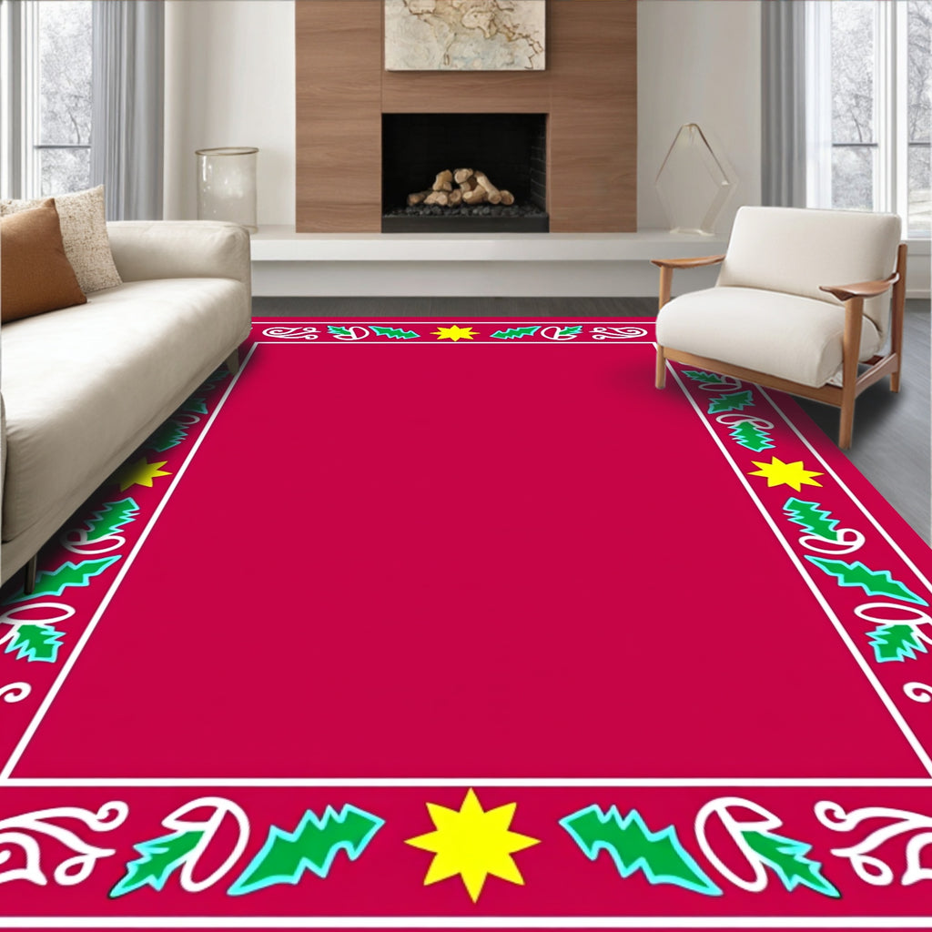 Red White Green Yellow Holly Star Border Rug