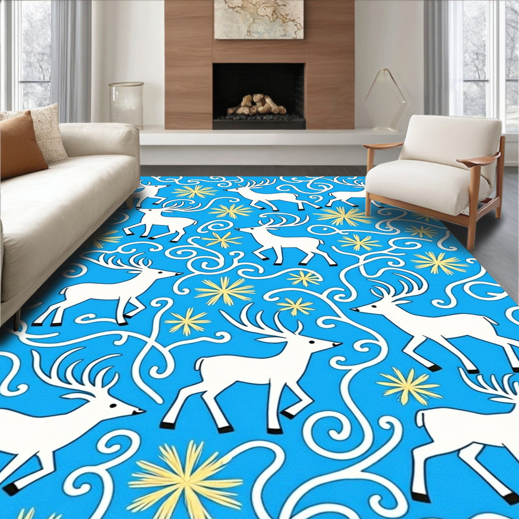 White Deer Blue Floral Swirl Rug