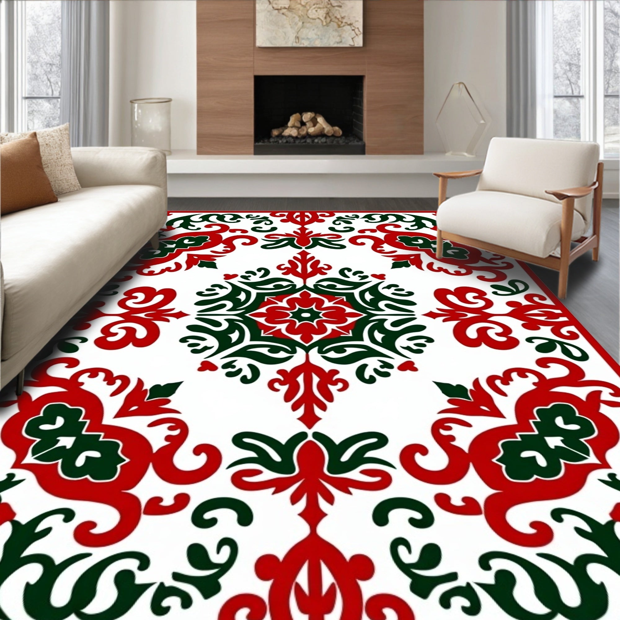 Crimson Emerald Floral Scroll Rug