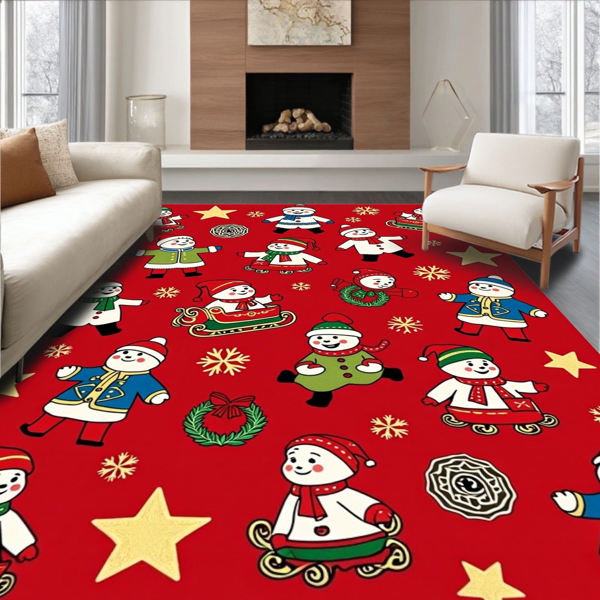 Jolly Snowman Christmas Red Holiday Rug