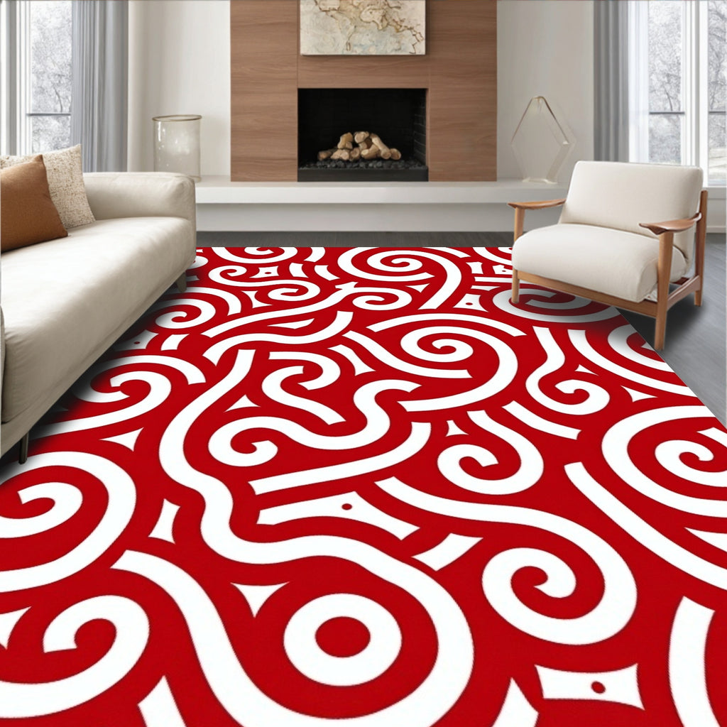 Crimson White Swirls Abstract Art Rug