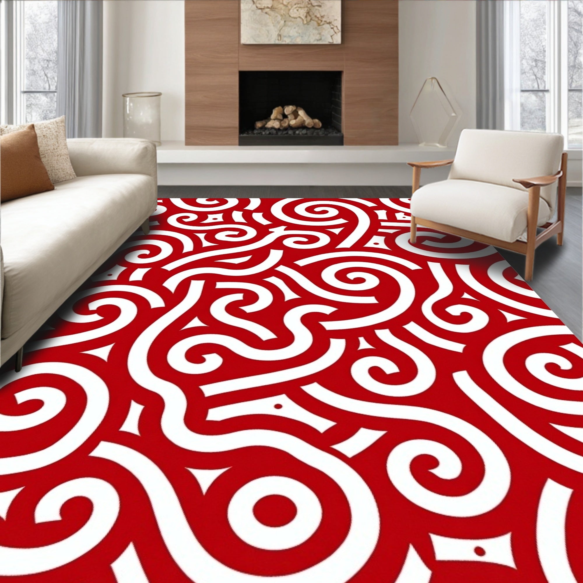 Crimson White Swirls Abstract Art Rug