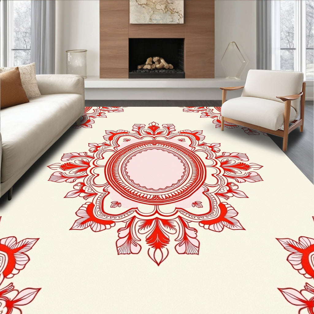 Crimson Floral Medallion Cream Rug
