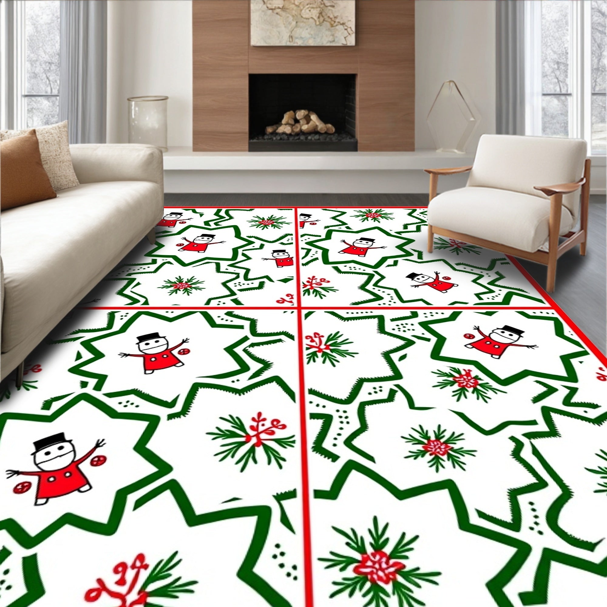 Red Festive Snowman Star Garland Rug