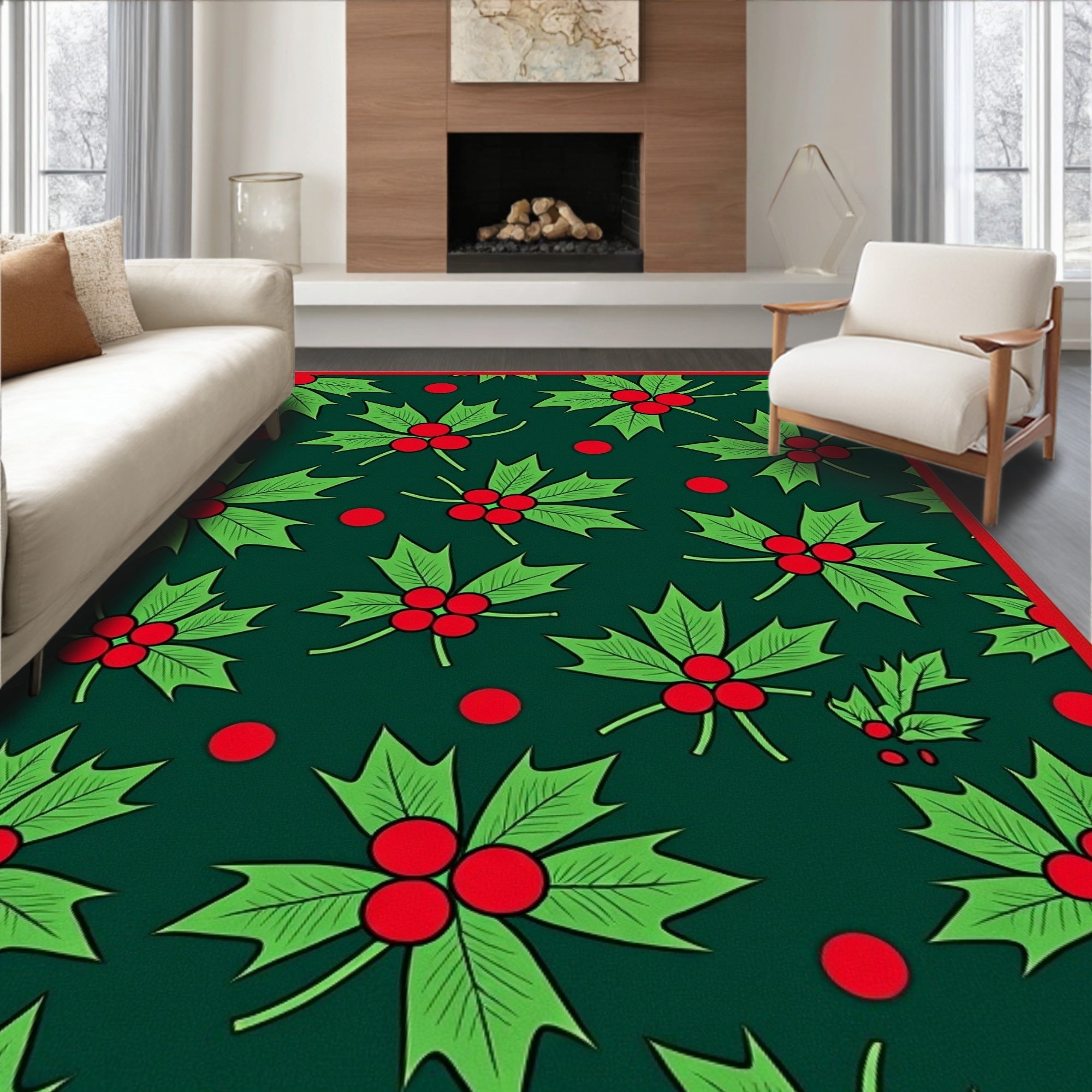 Festive Holly Berry Green Red Sprigs Rug