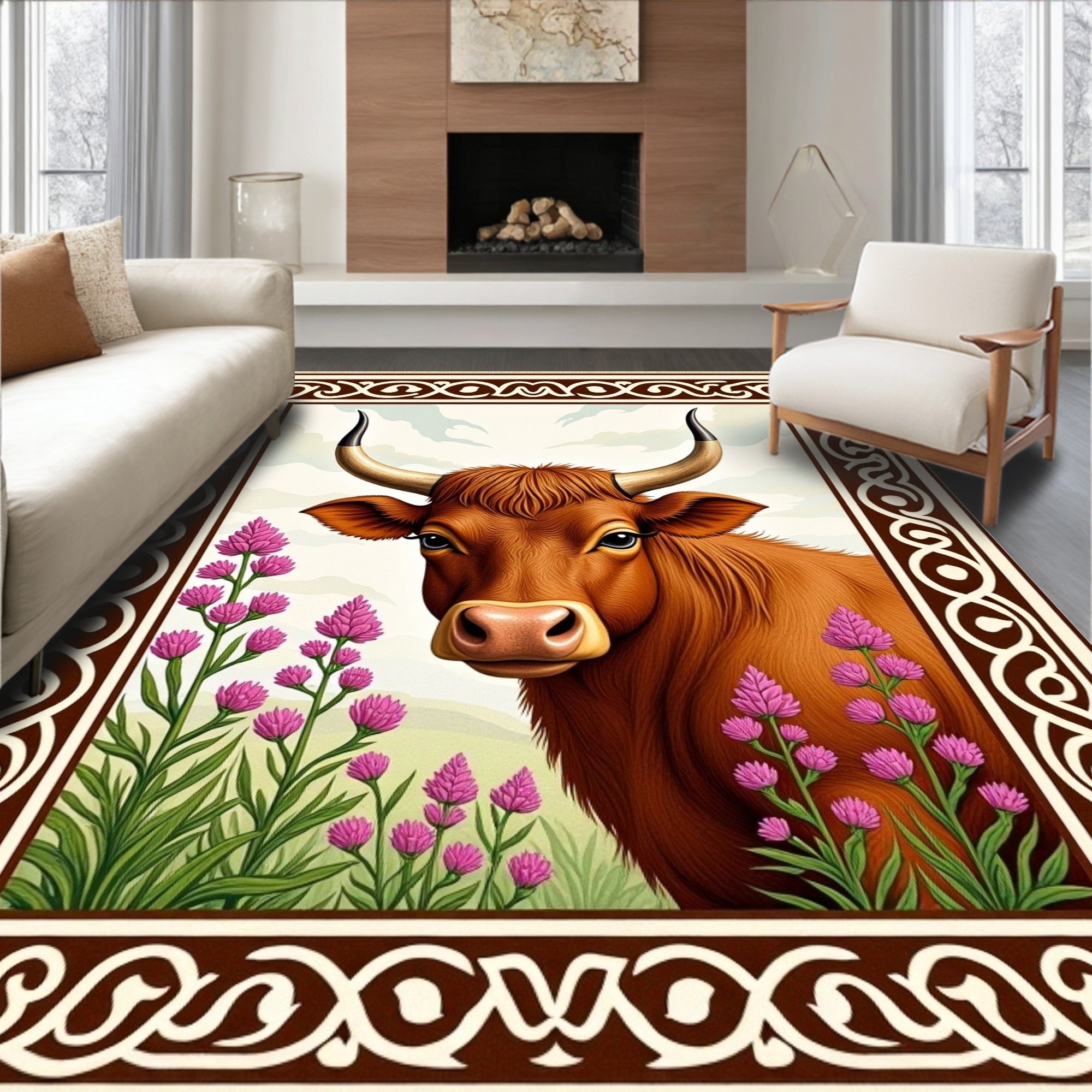 Brown Bull Pink Flower Meadow Rug
