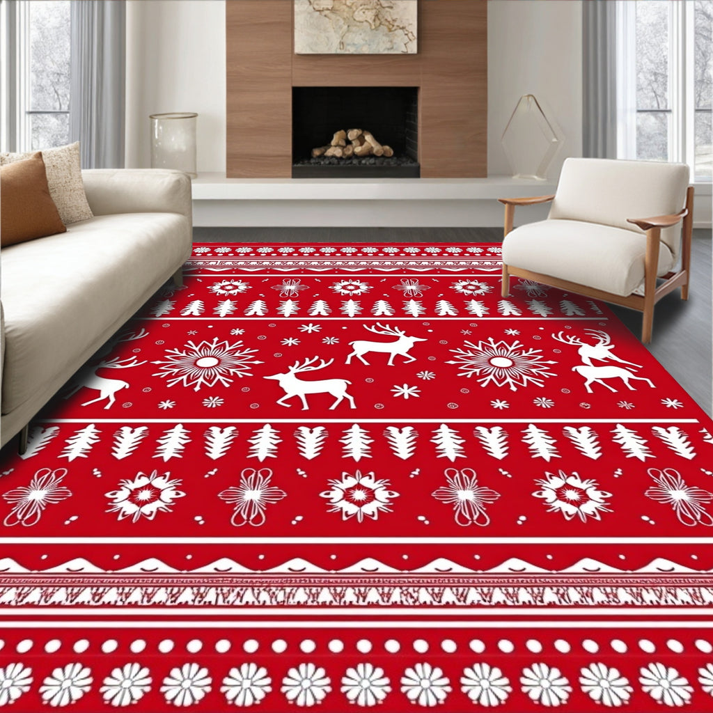 Red White Deer Snowflake Nordic Rug