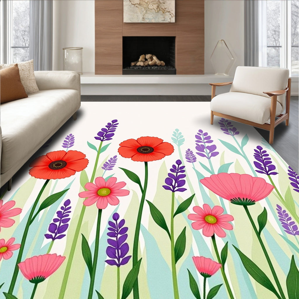 Vibrant Poppy Lavender Meadow Bloom Rug