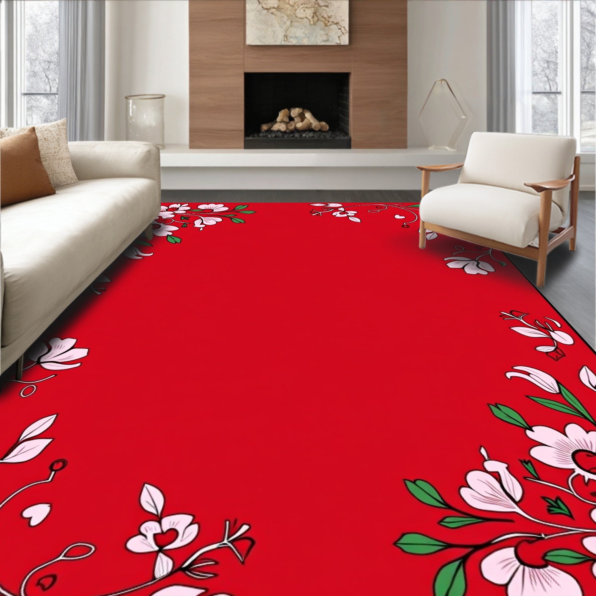 Crimson Blossoms Border Corner Rug