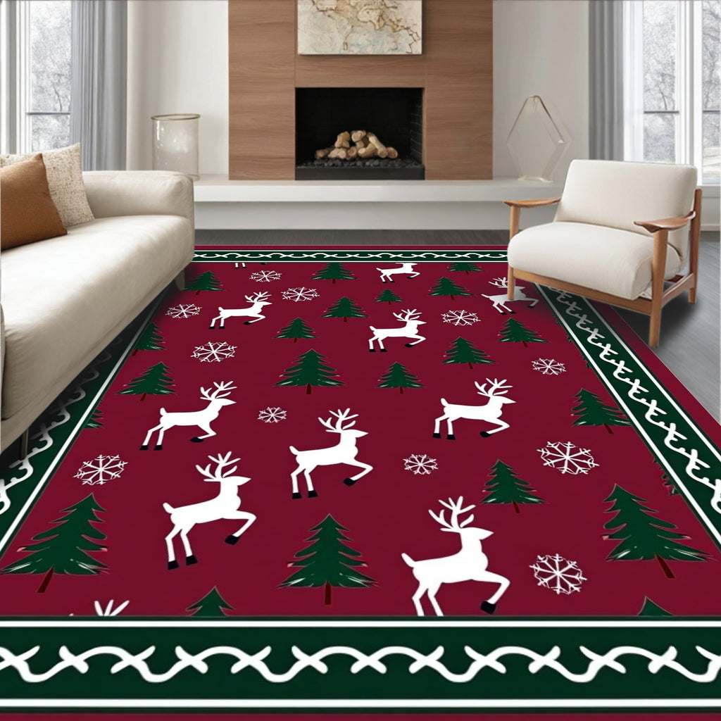 Crimson Winter Reindeer Snowflake Trees Rug