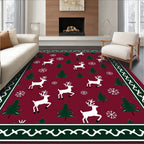 Crimson Winter Reindeer Snowflake Trees Rug