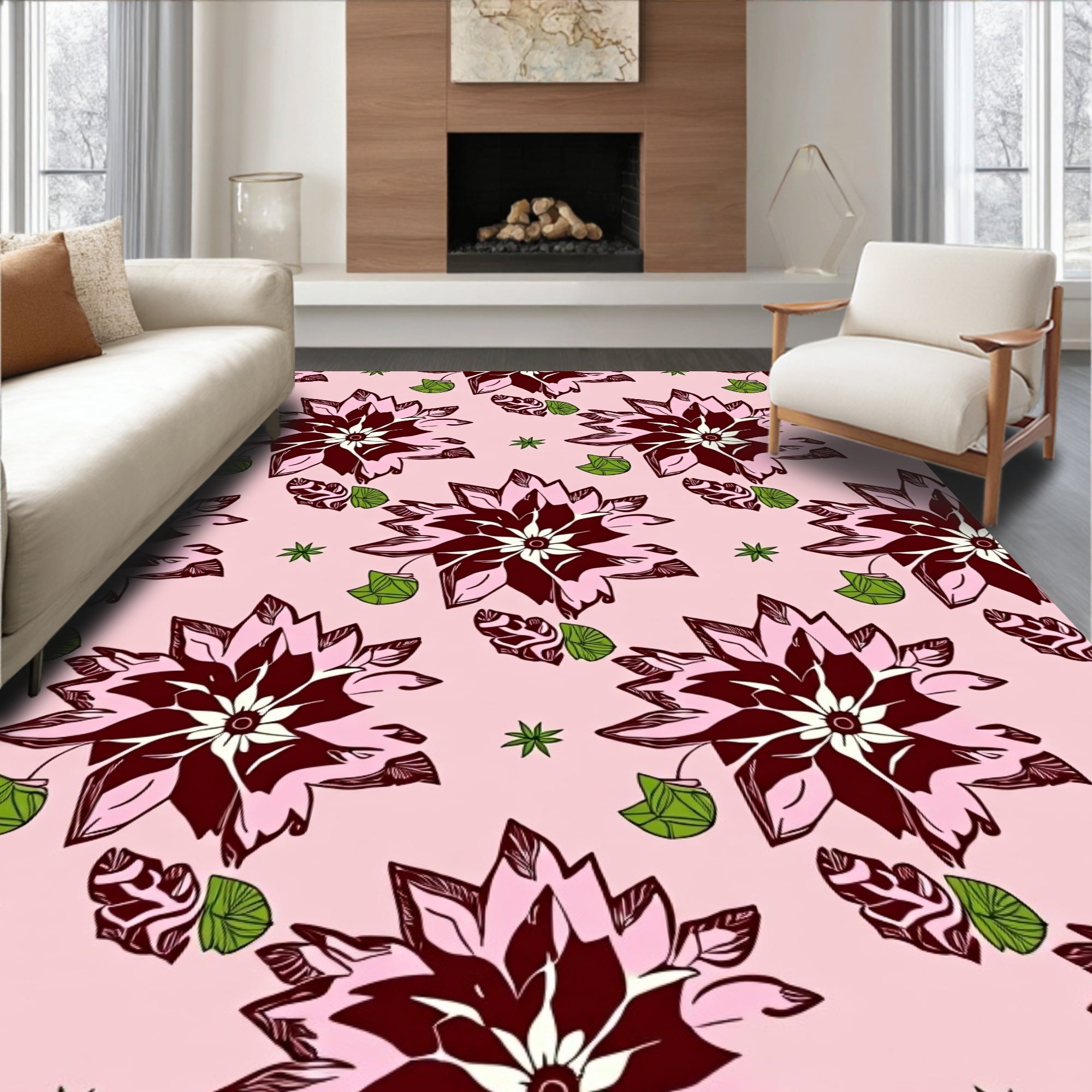 Rose Pink Floral Medallion Leaf Rug