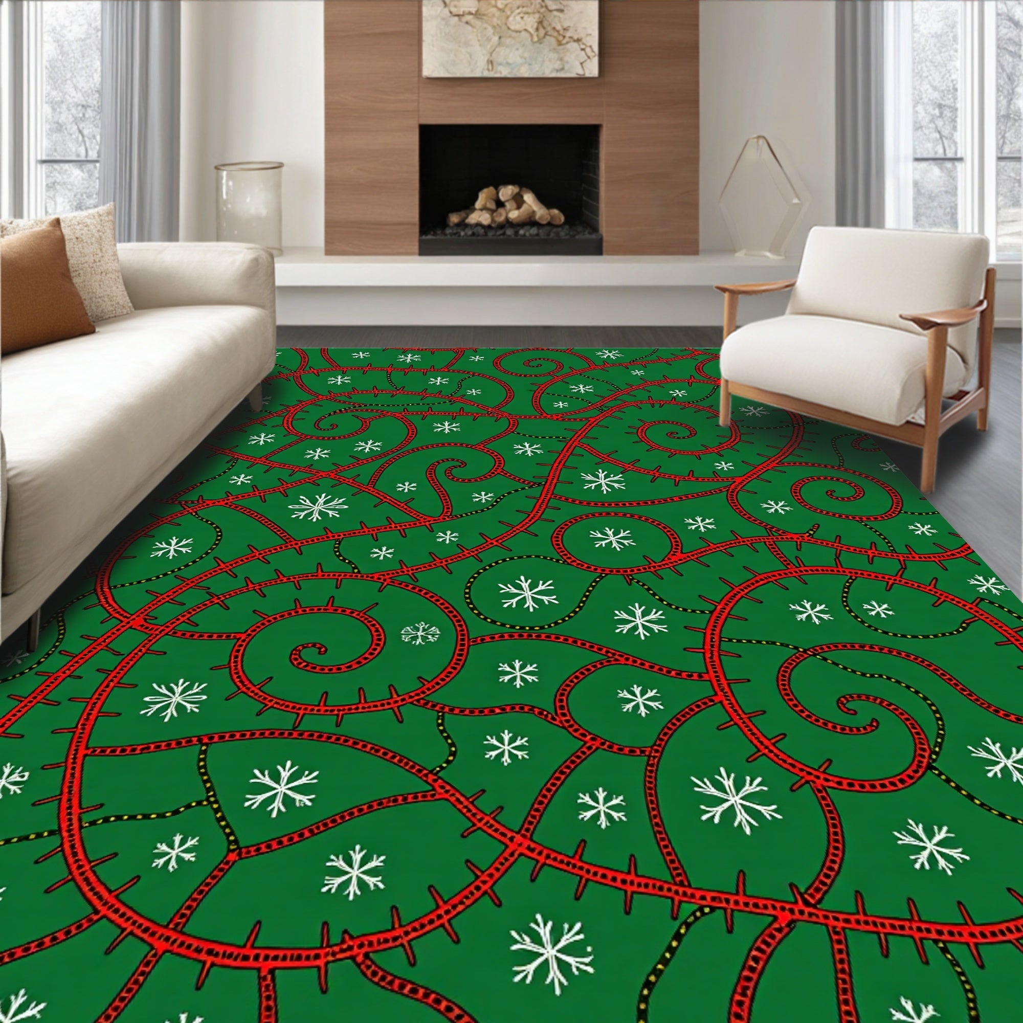 Christmas Vine Snowflake Swirl Green Rug