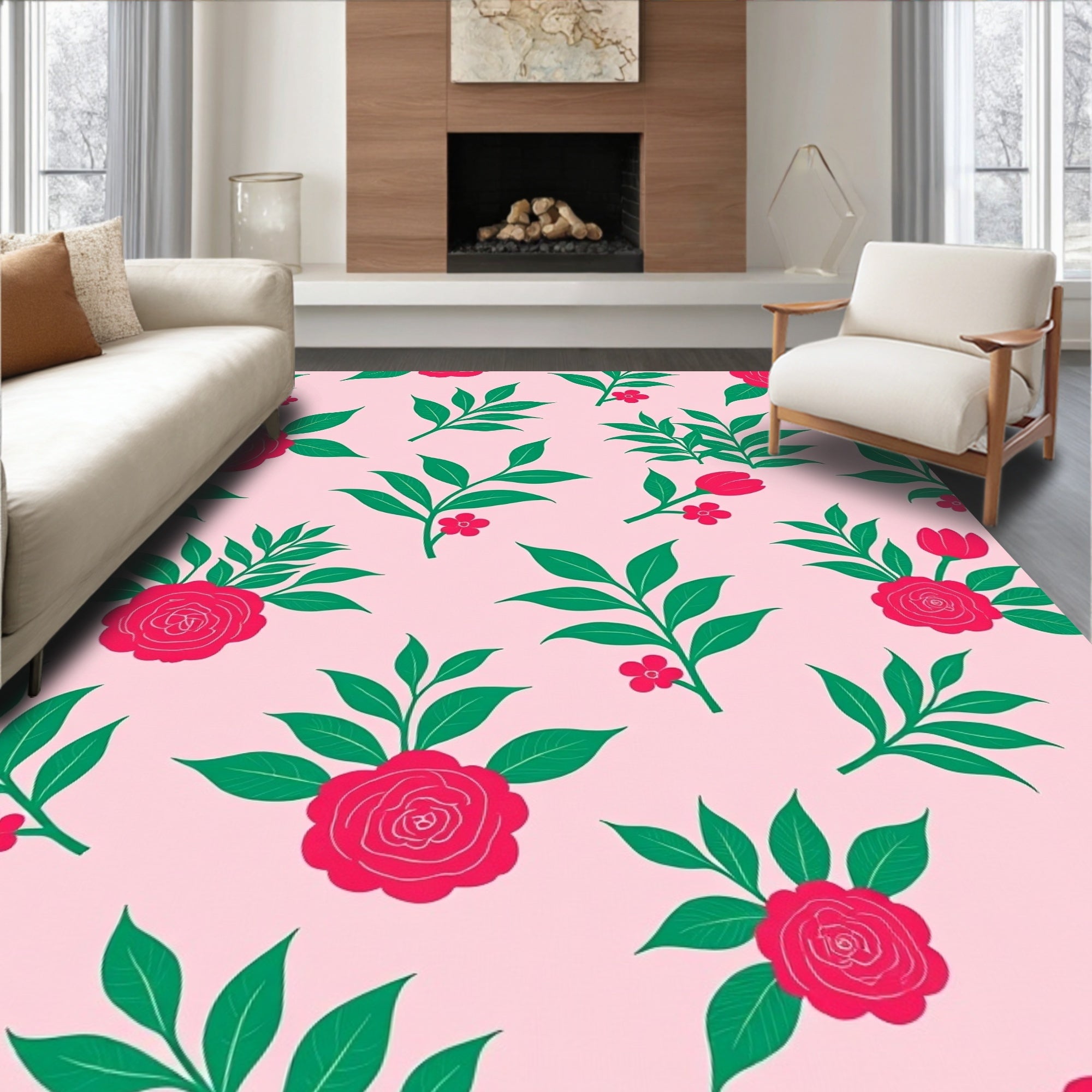 Pink Floral Garden Rose Motif Rug