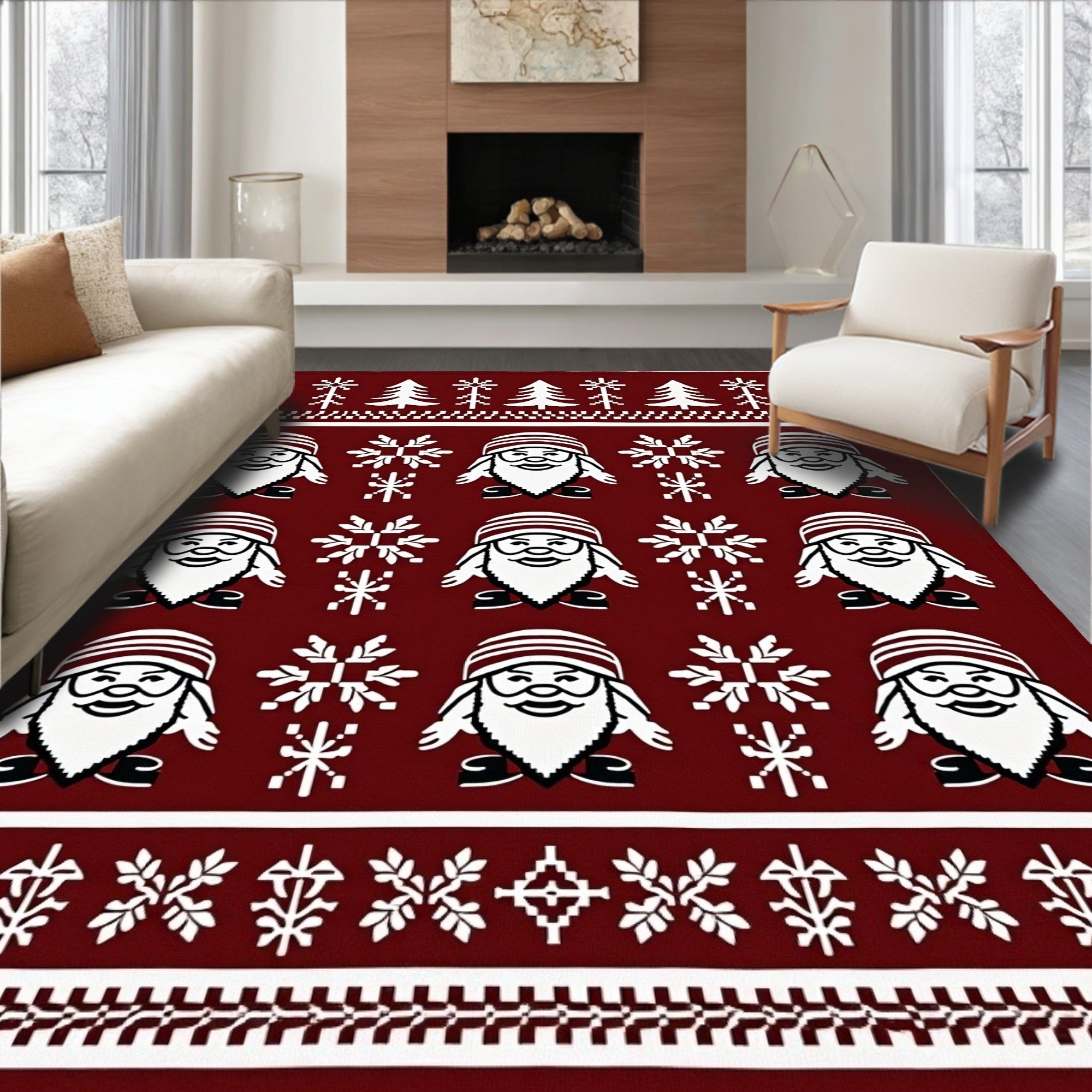 Festive Burgundy Santa Snowflakes Rug