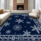 Navy White Snowflake Winter Border Rug
