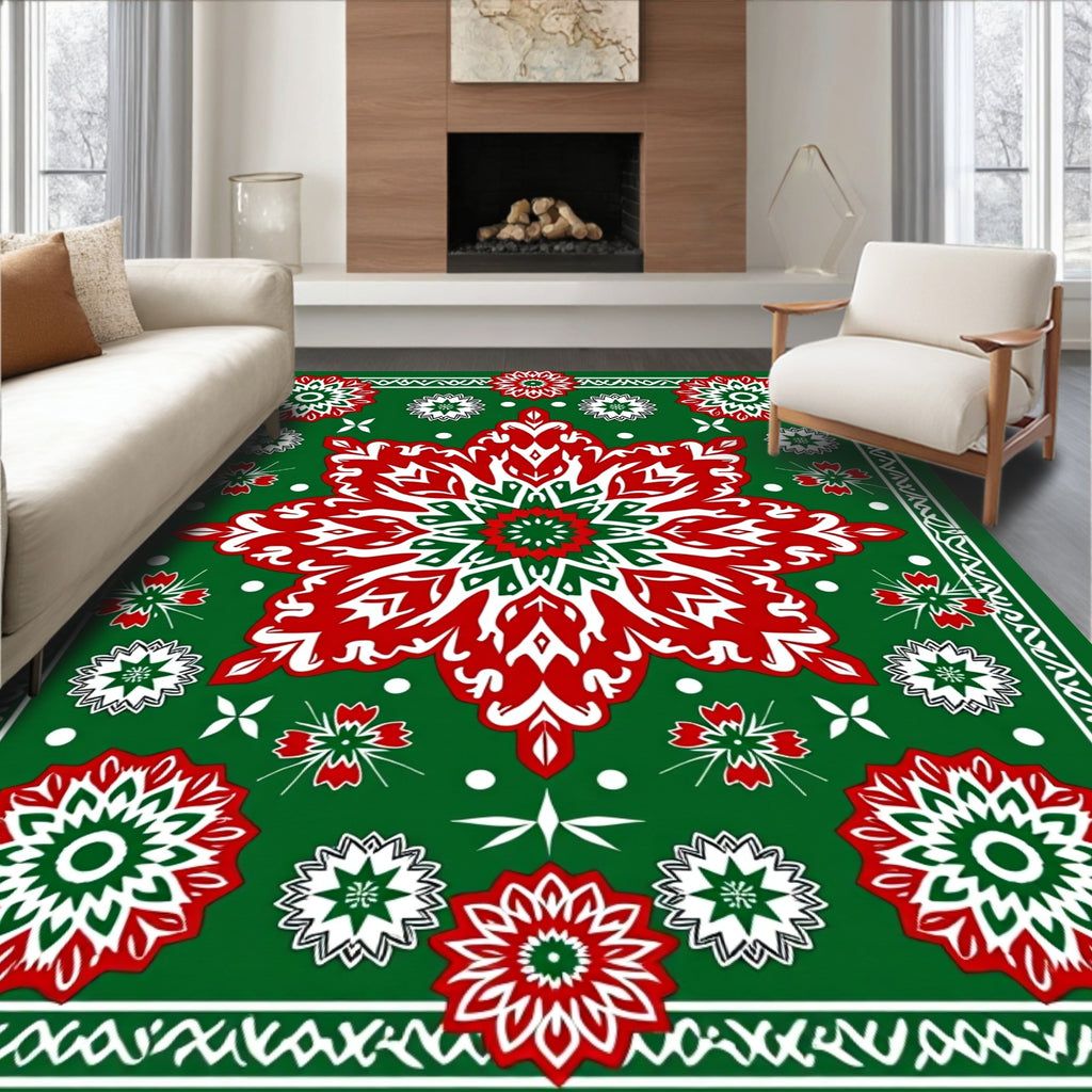 Christmas Red Green Floral Medallion Rug