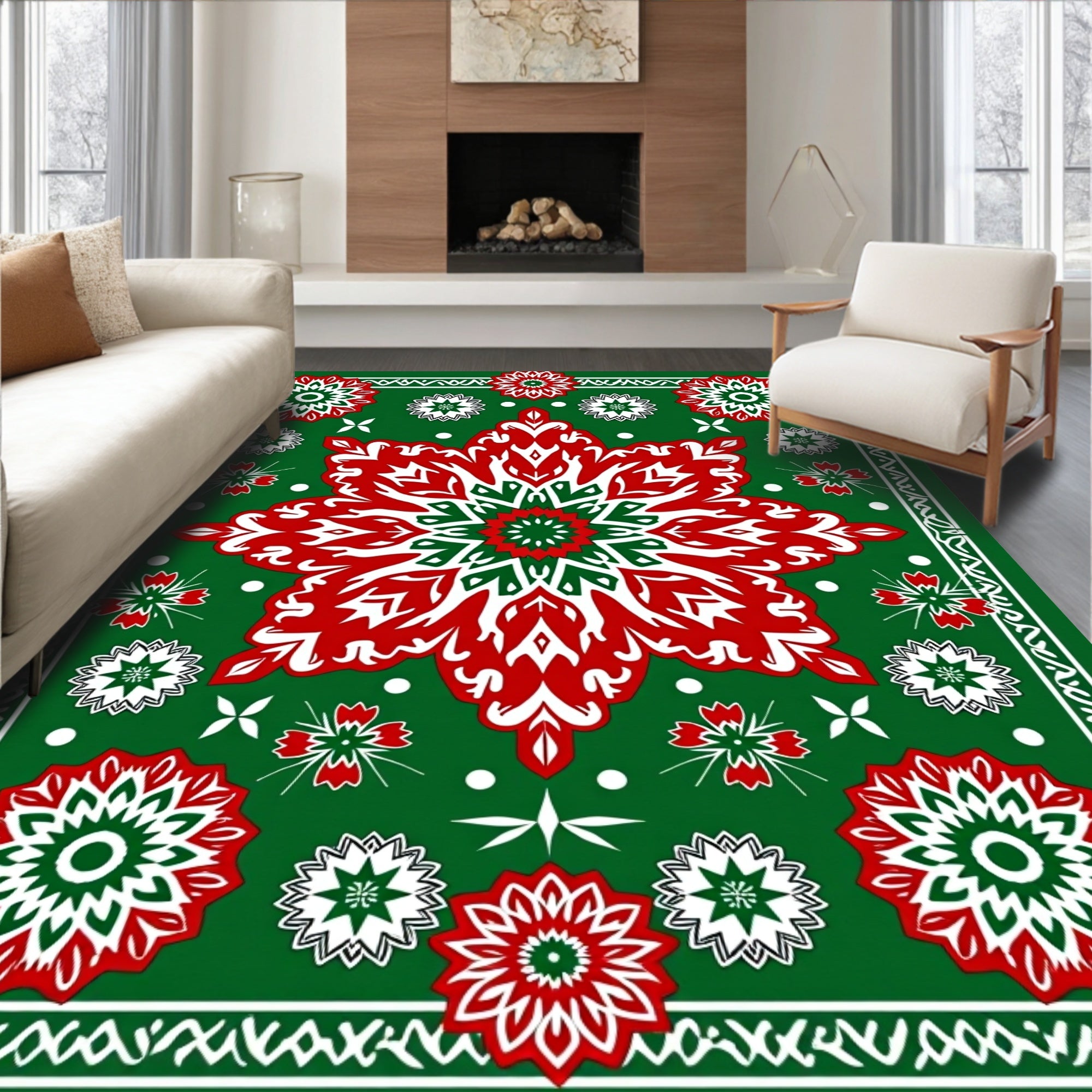 Christmas Red Green Floral Medallion Rug