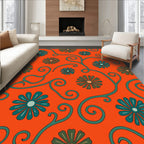 Orange Teal Floral Swirl Tapestry Rug
