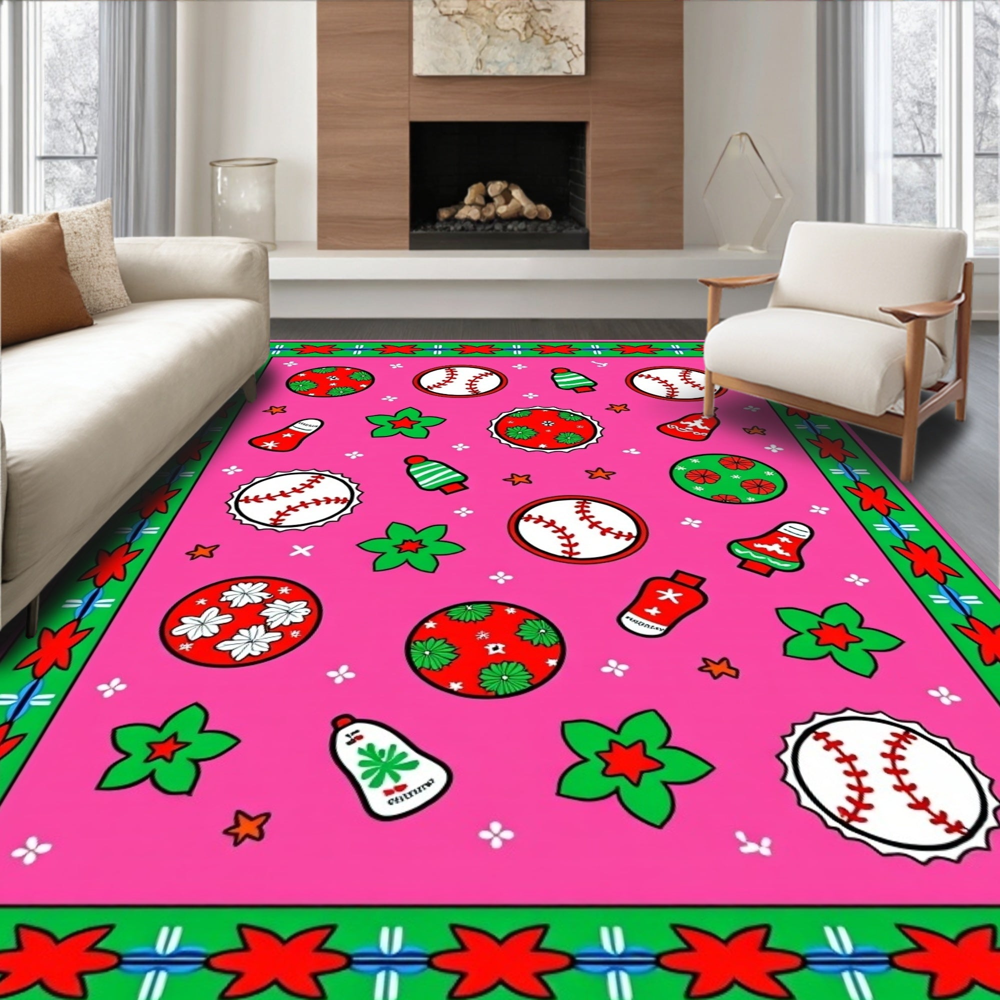 Pink Holiday Baseball Balls Charm Rug