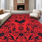 Red Black Rooster Floral Border Rug