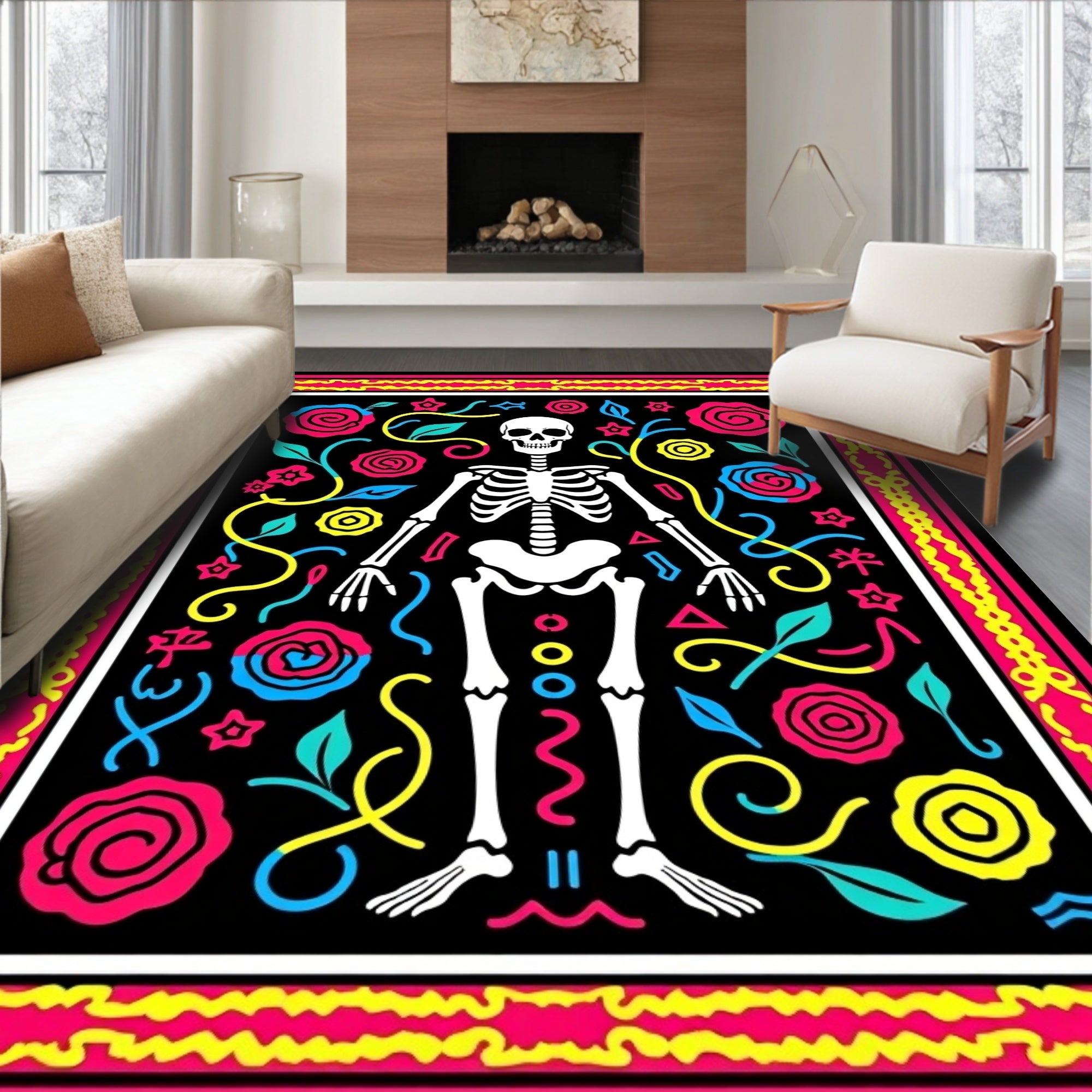 Vibrant Skeleton Floral Medallion Rug