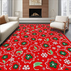 Festive Red Green Floral Snowflakes Rug