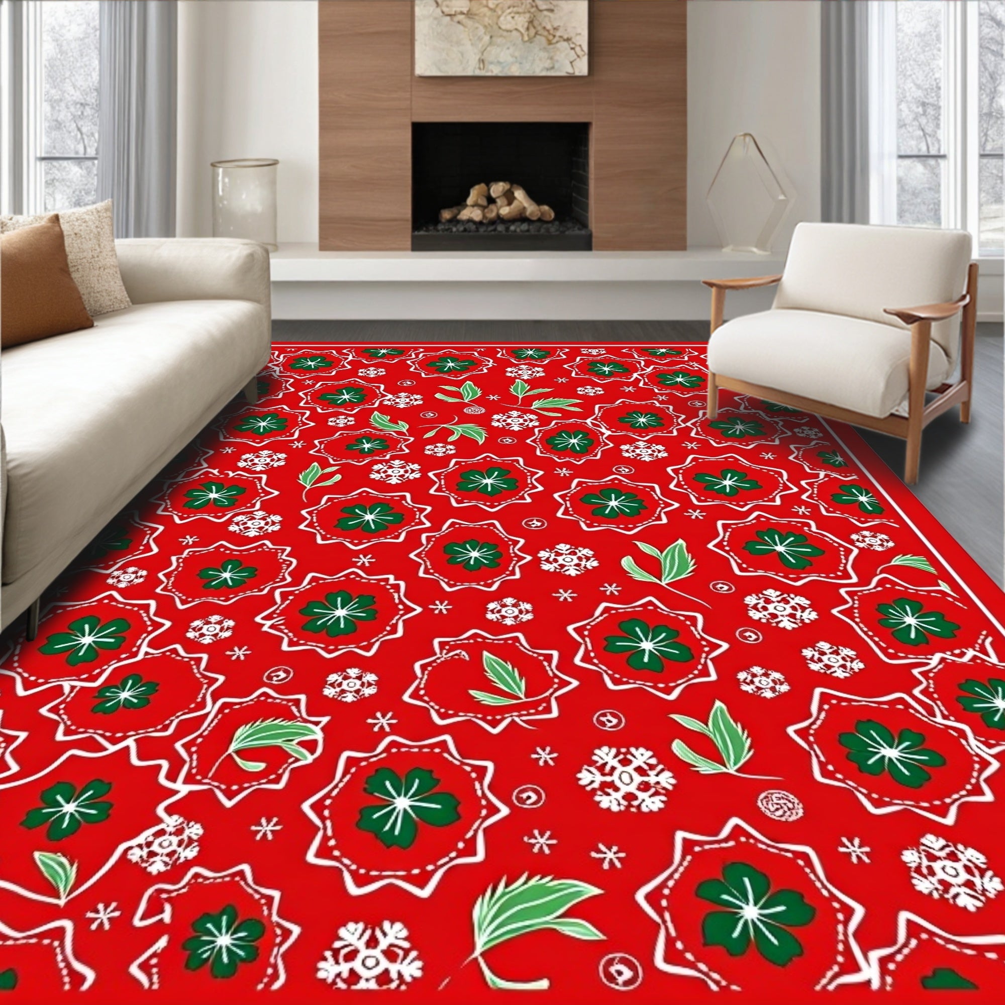 Festive Red Green Floral Snowflakes Rug
