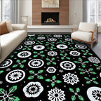 Black White Green Floral Snowflake Medallion Rug