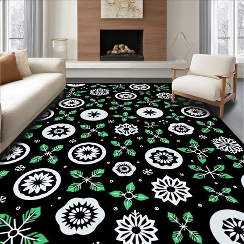 Black White Green Floral Snowflake Medallion Rug