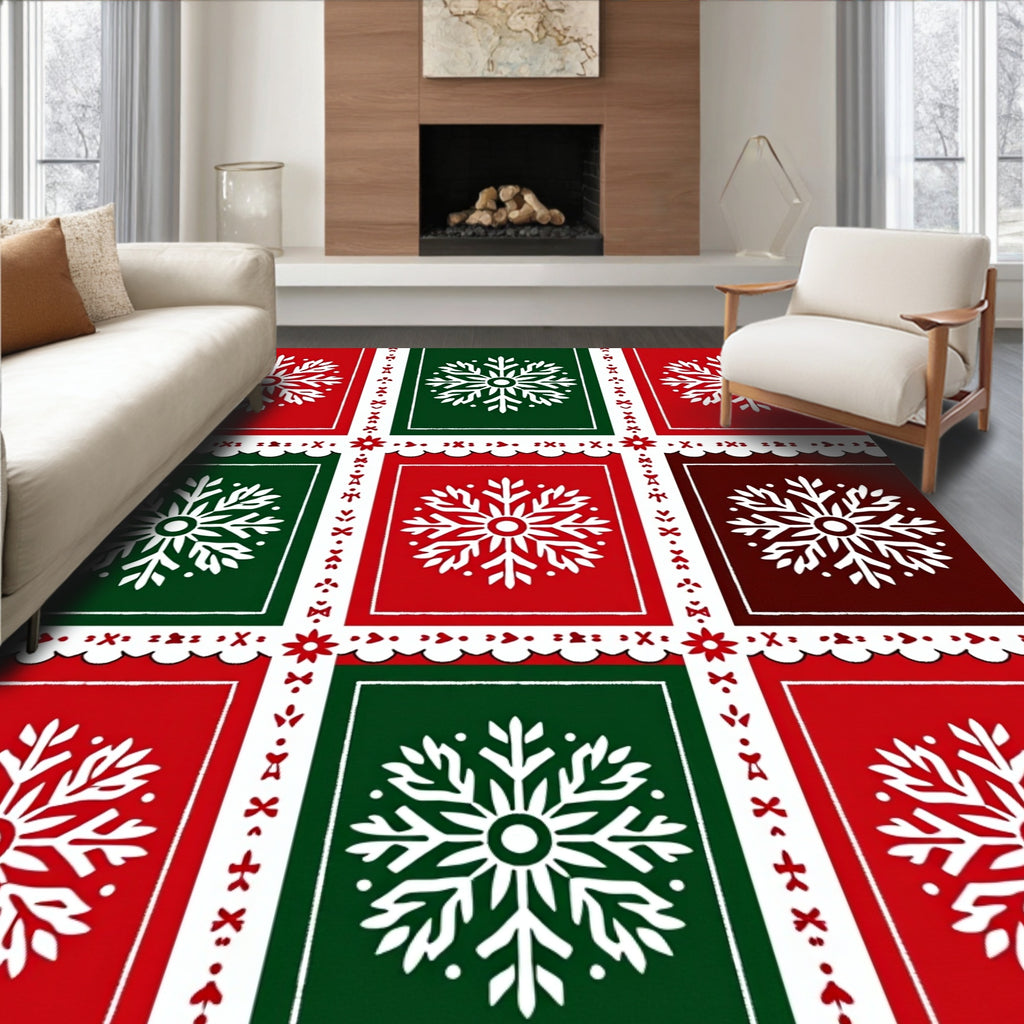 Festive Red Green Snowflake Collage Rug