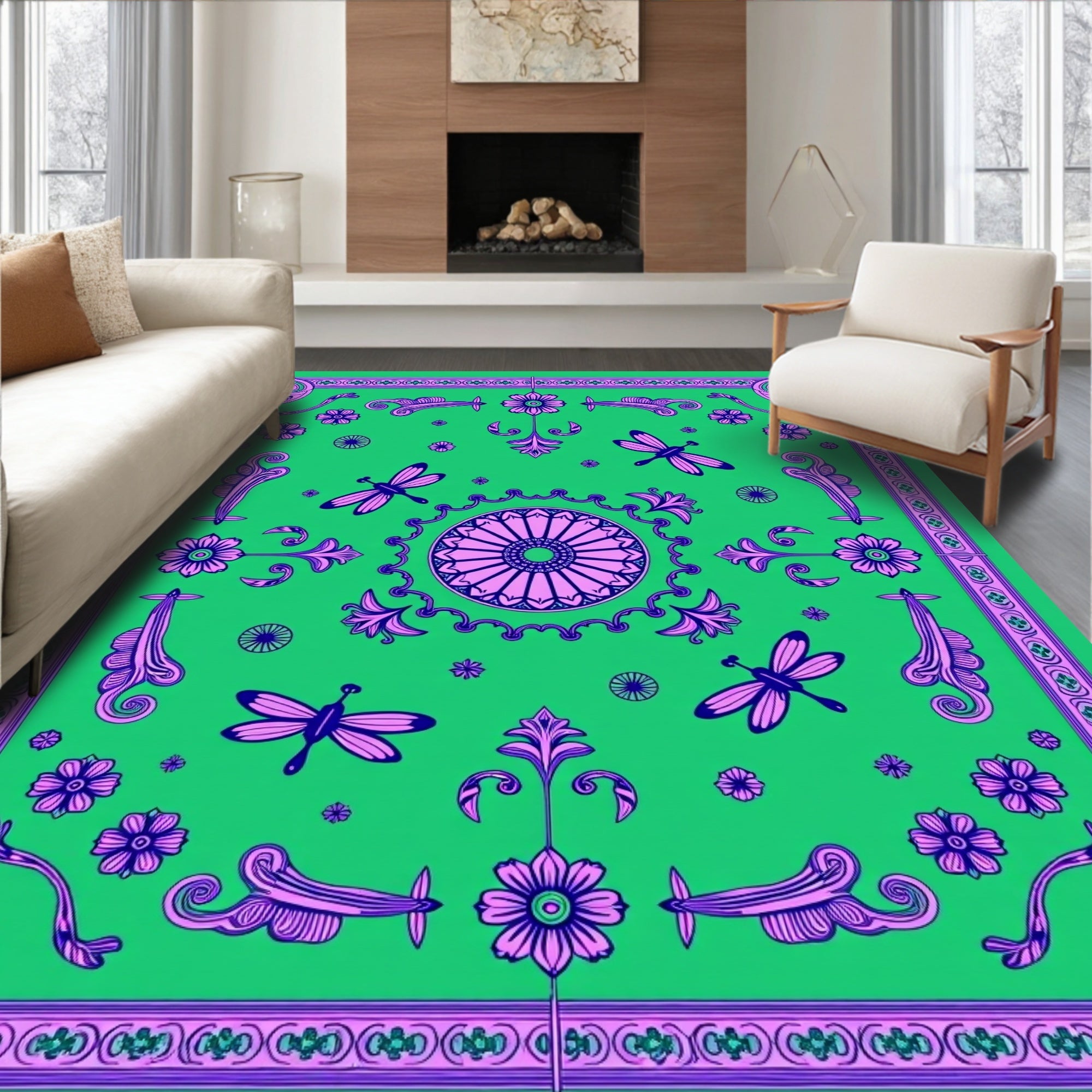 Vibrant Green Dragonfly Floral Medallion Rug