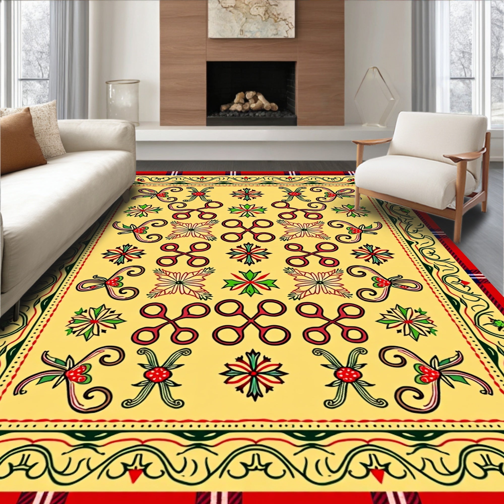 Yellow Ochre Red Green Folk Art Rug