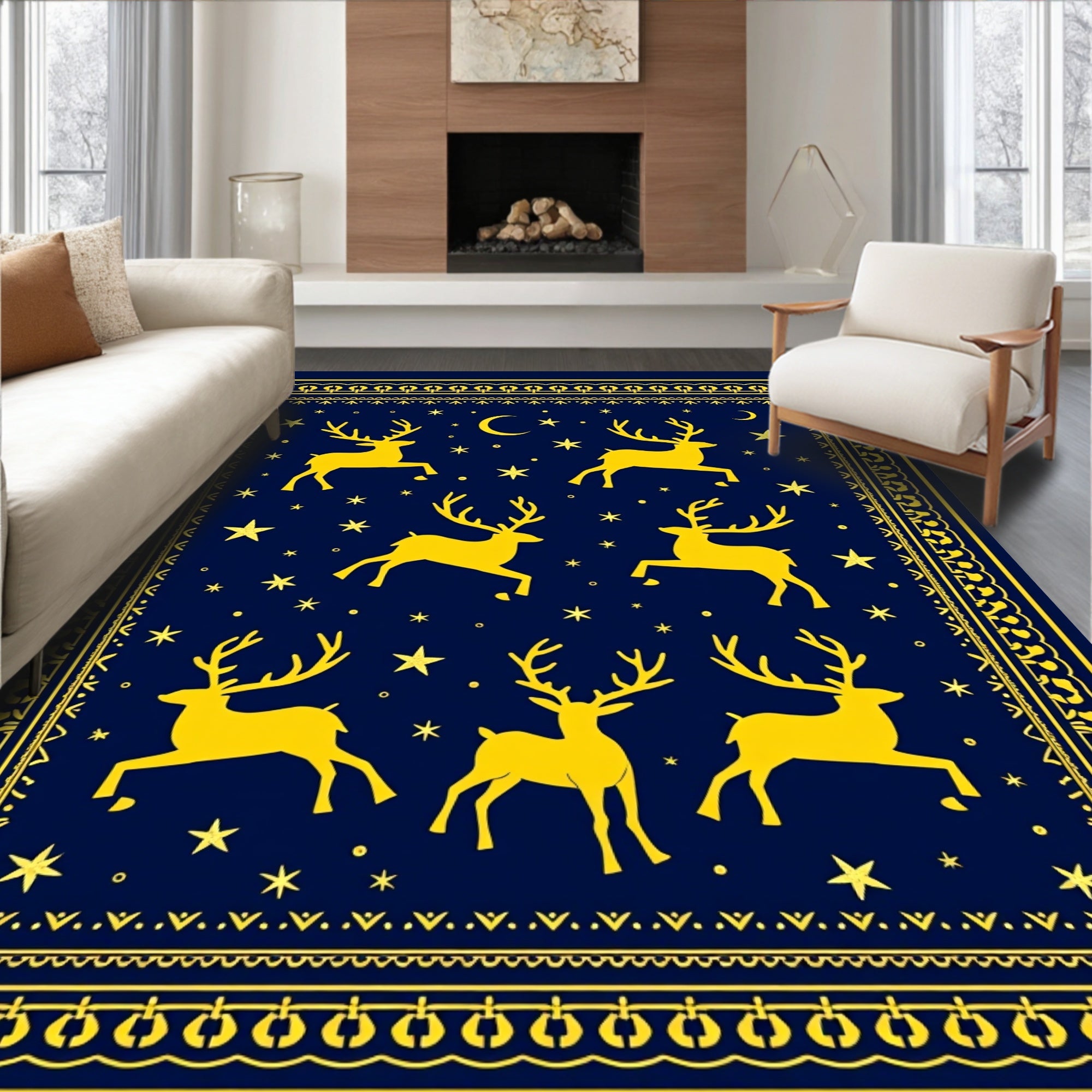 Golden Reindeer Night Sky Art Rug