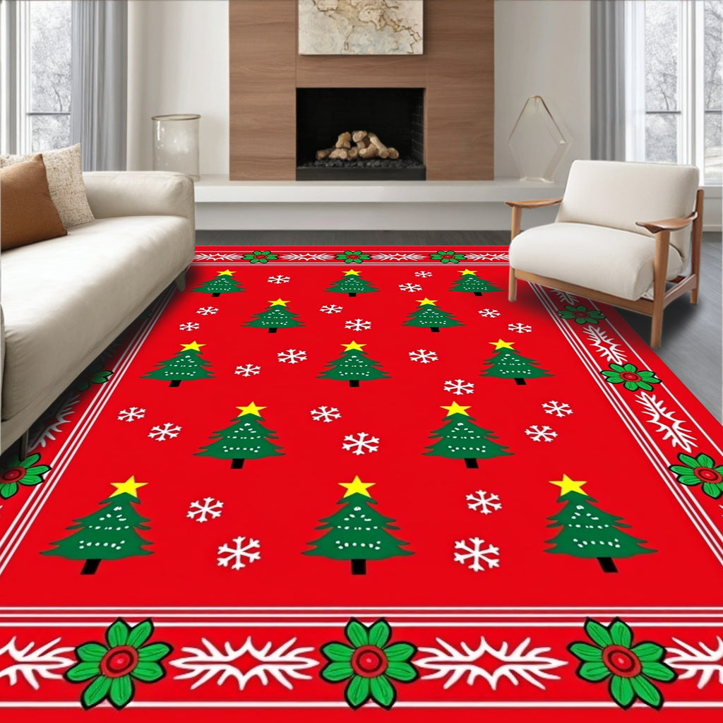 Red Christmas Trees Snowflake Border Rug