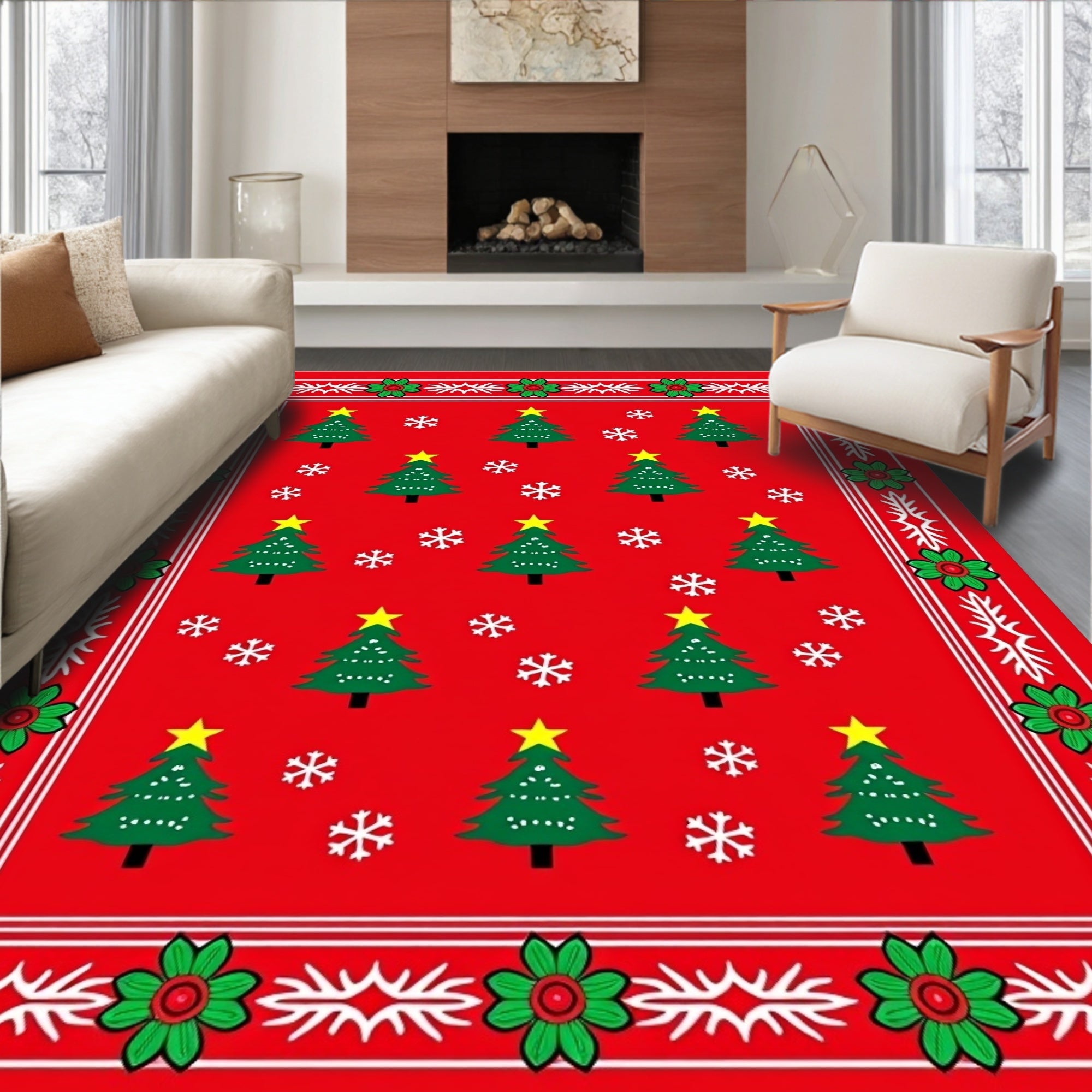 Red Christmas Trees Snowflake Border Rug