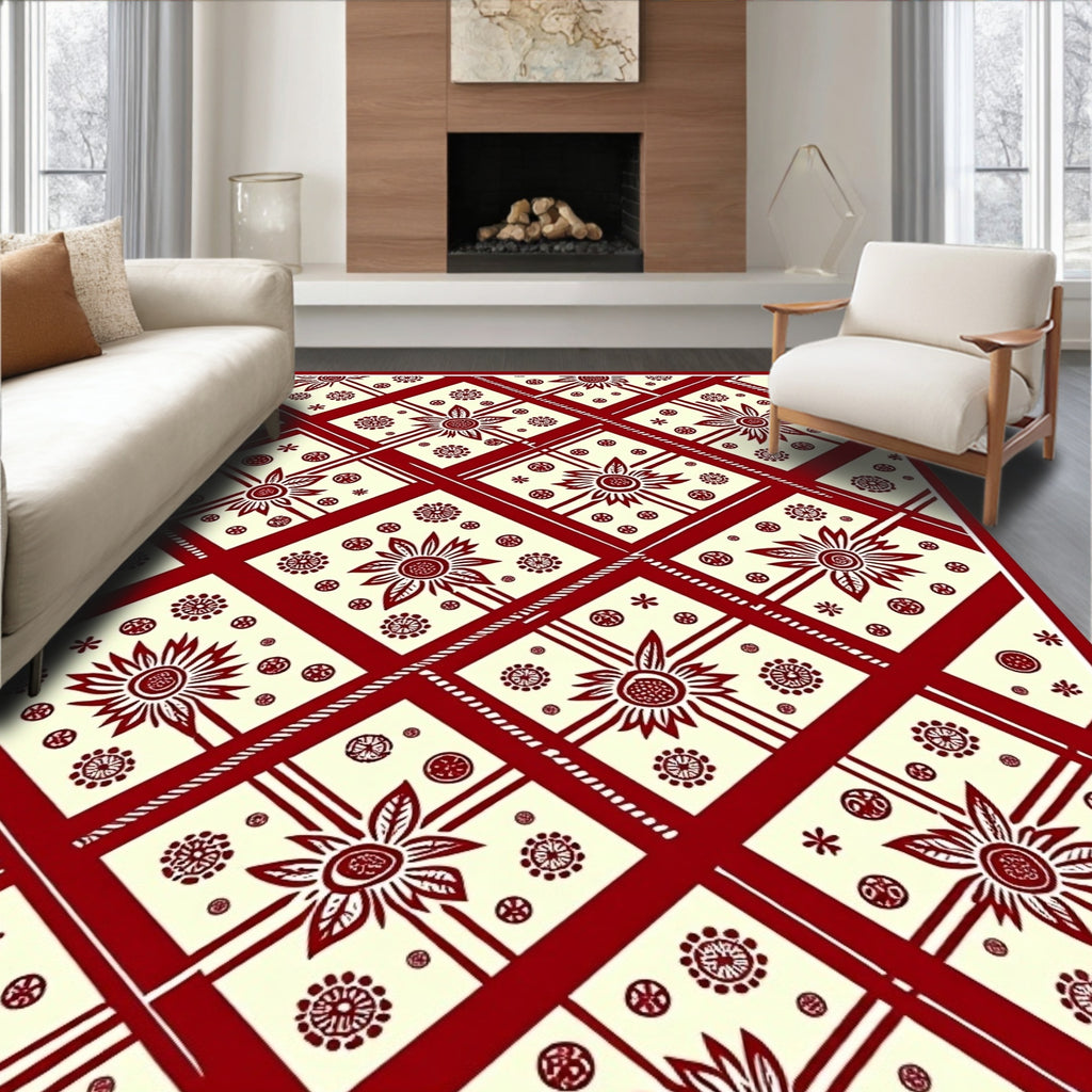 Deep Red Floral Diamond Medallion Rug