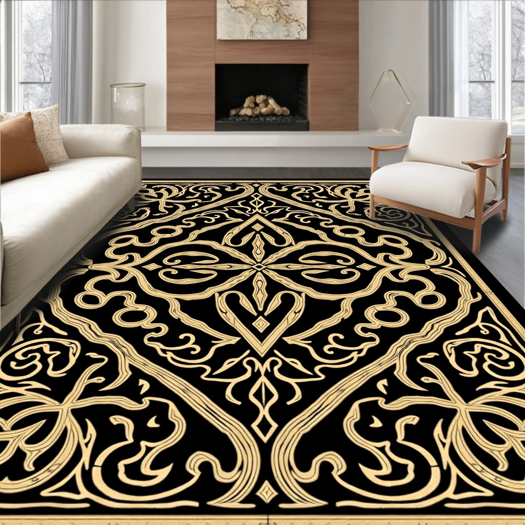 Ornate Gold Black Scrollwork Medallion Rug