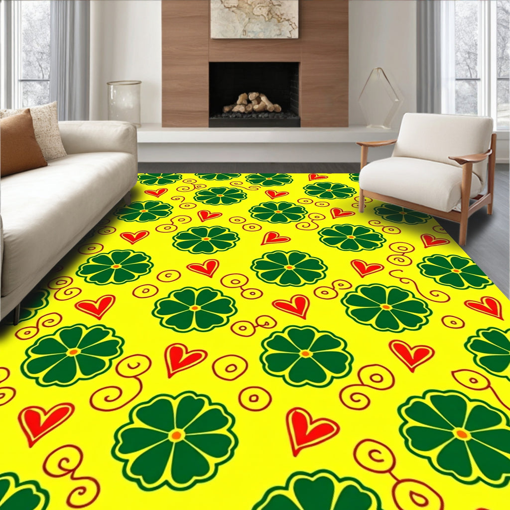 Vibrant Yellow Green Heart Flower Rug