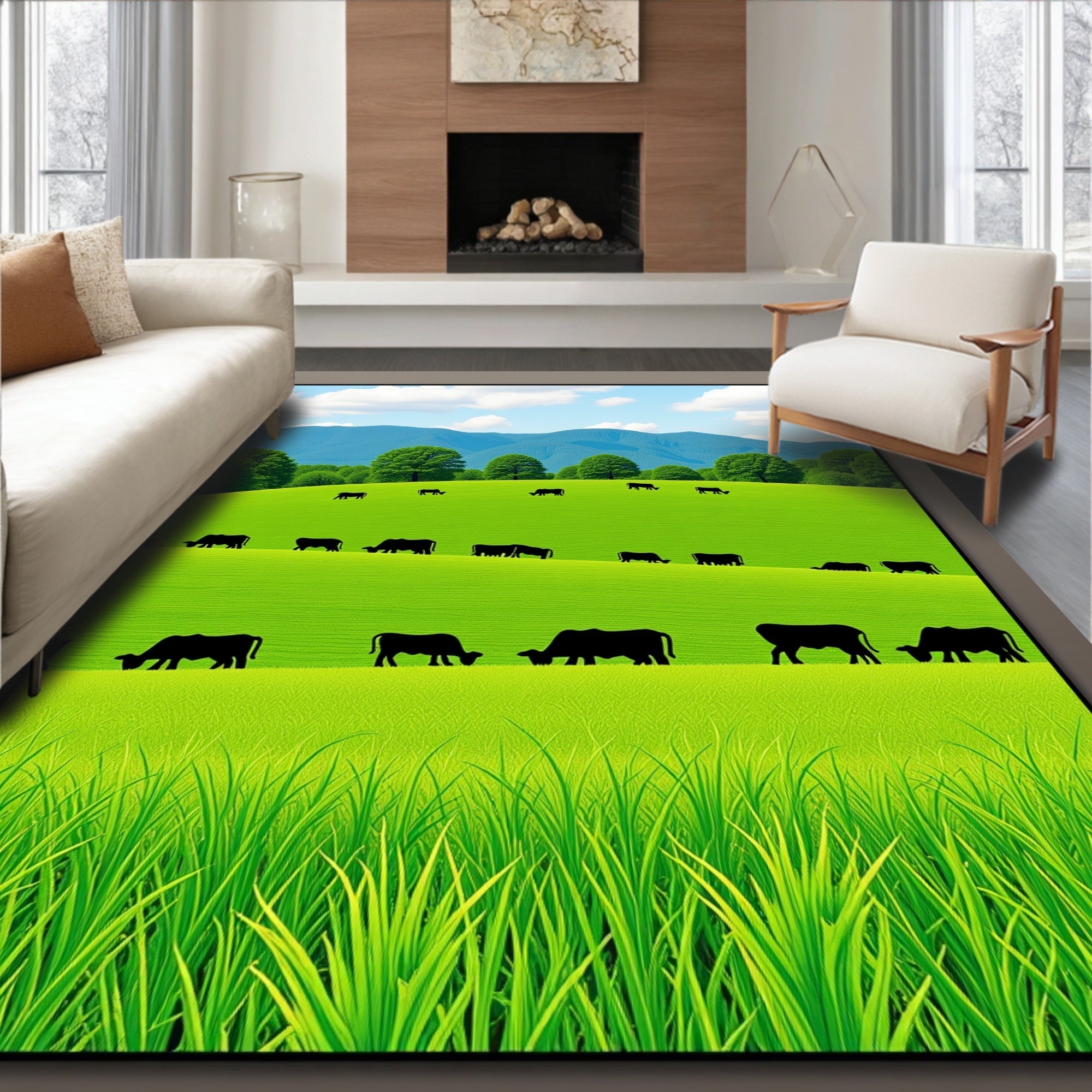 Rolling Green Hills Ranch Scene Rug