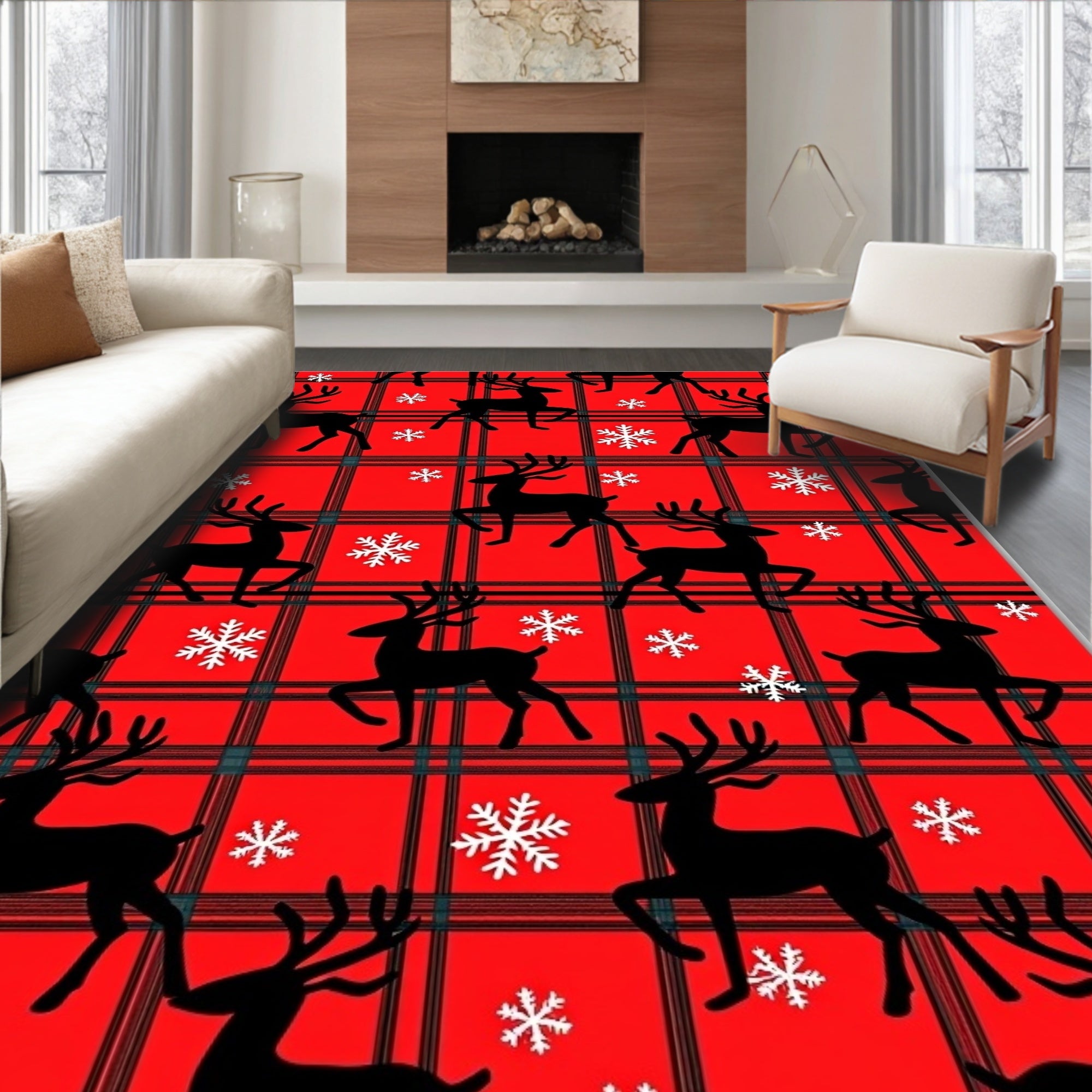 Classic Red Plaid Deer Snowflakes Rug