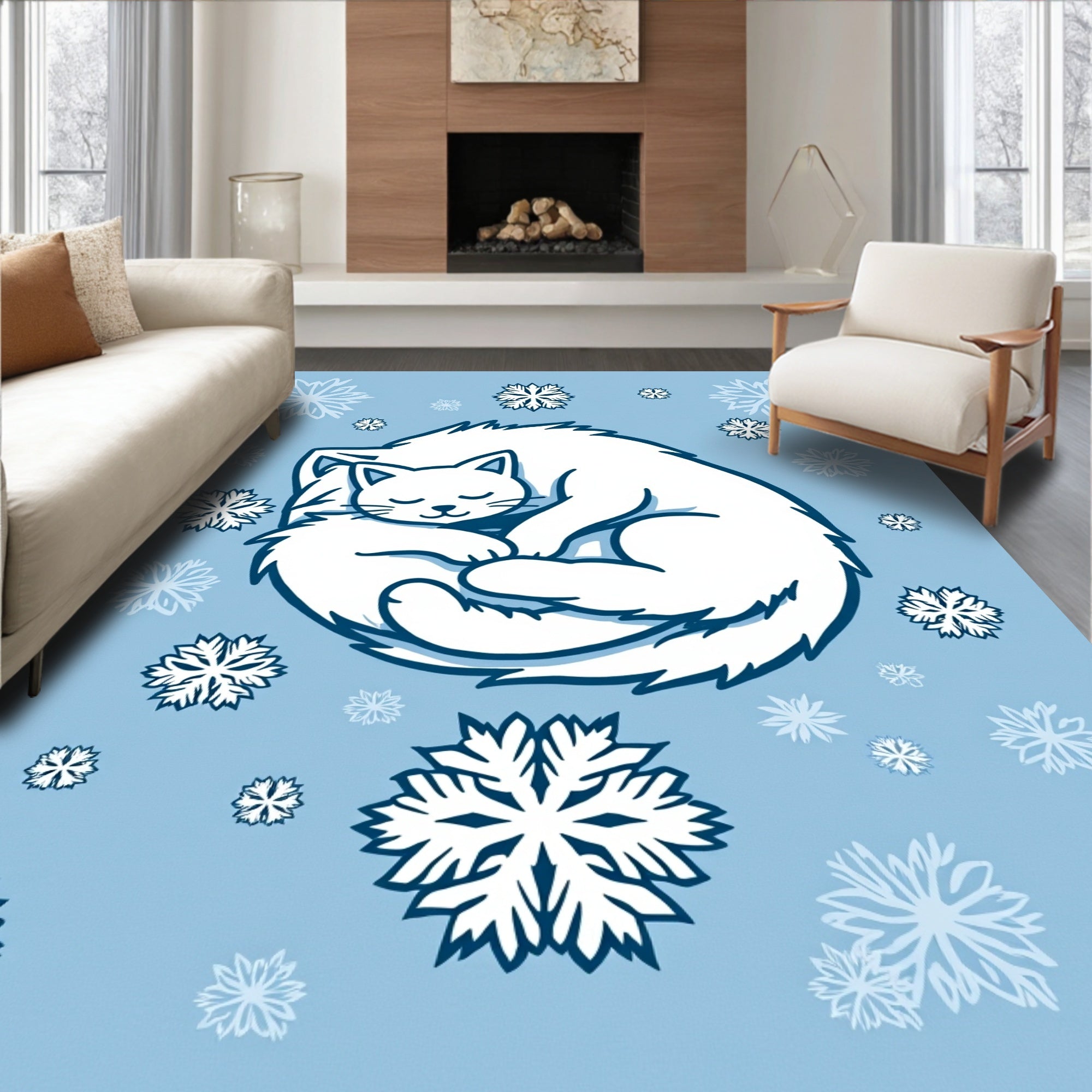 Whimsical White Cat Snowflake Circle Rug