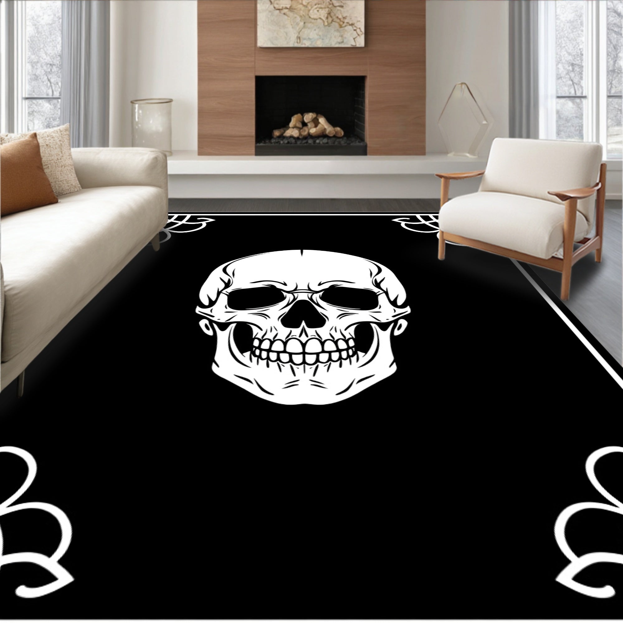 Gothic White Skull Black Spiderweb Rug
