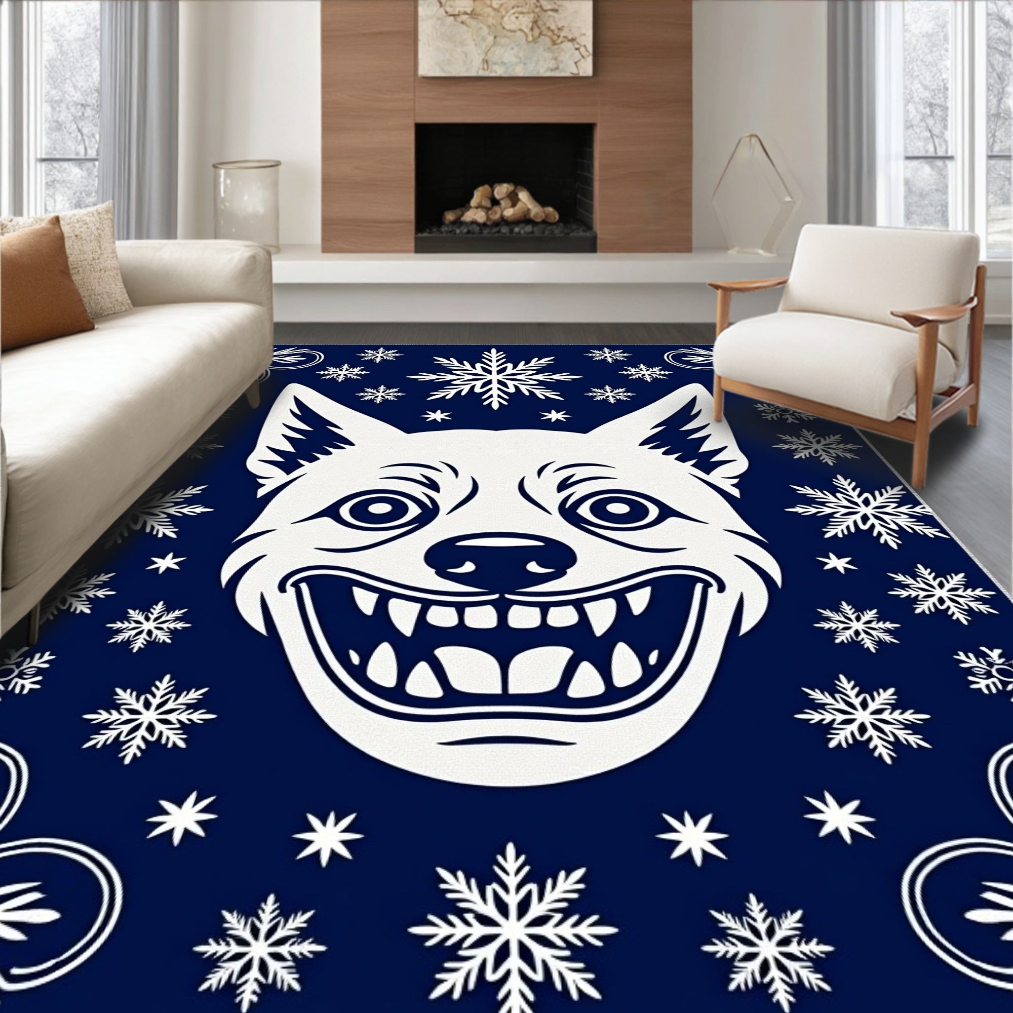 Deep Blue Grinning Hound Snowflakes Rug