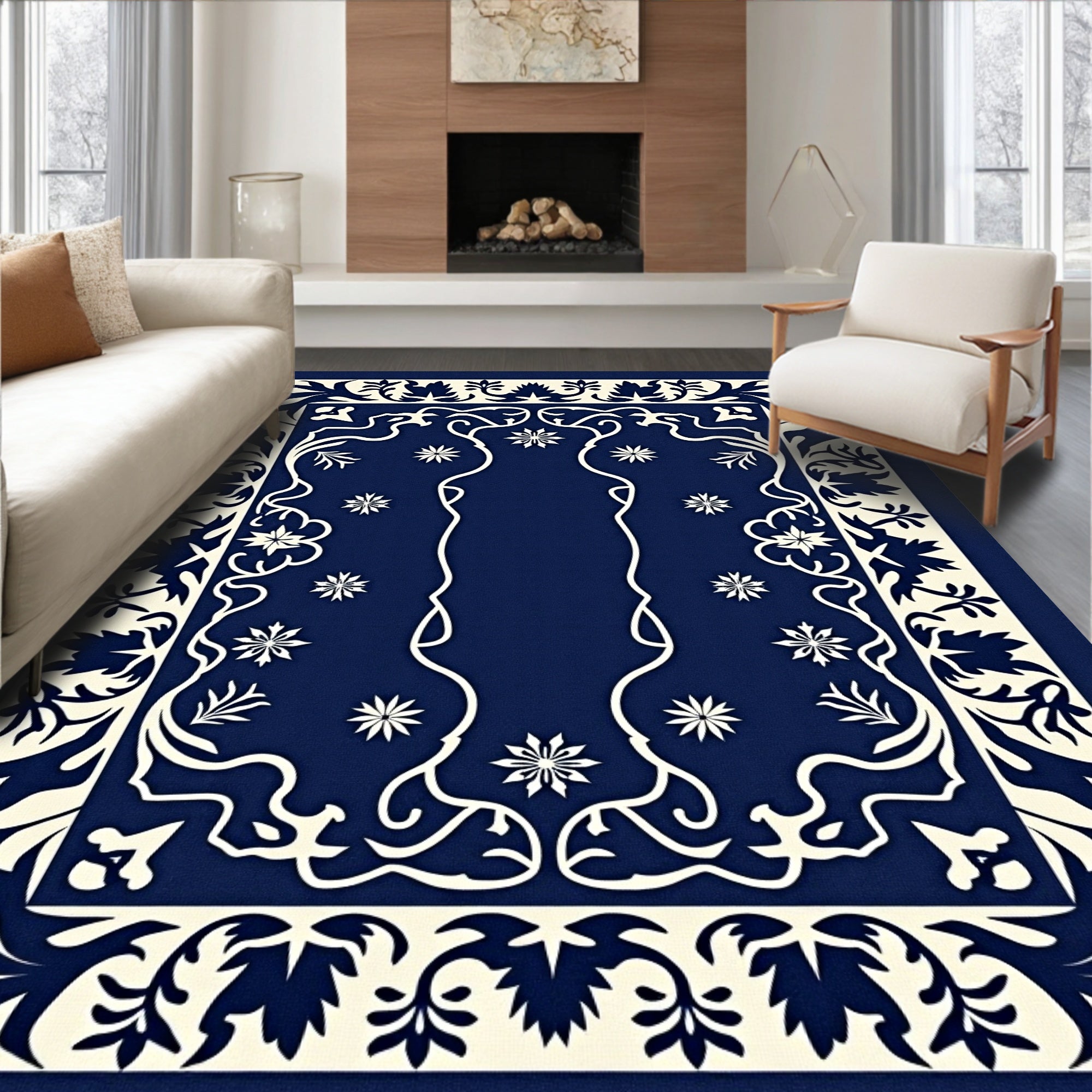 Navy White Floral Archway Rug
