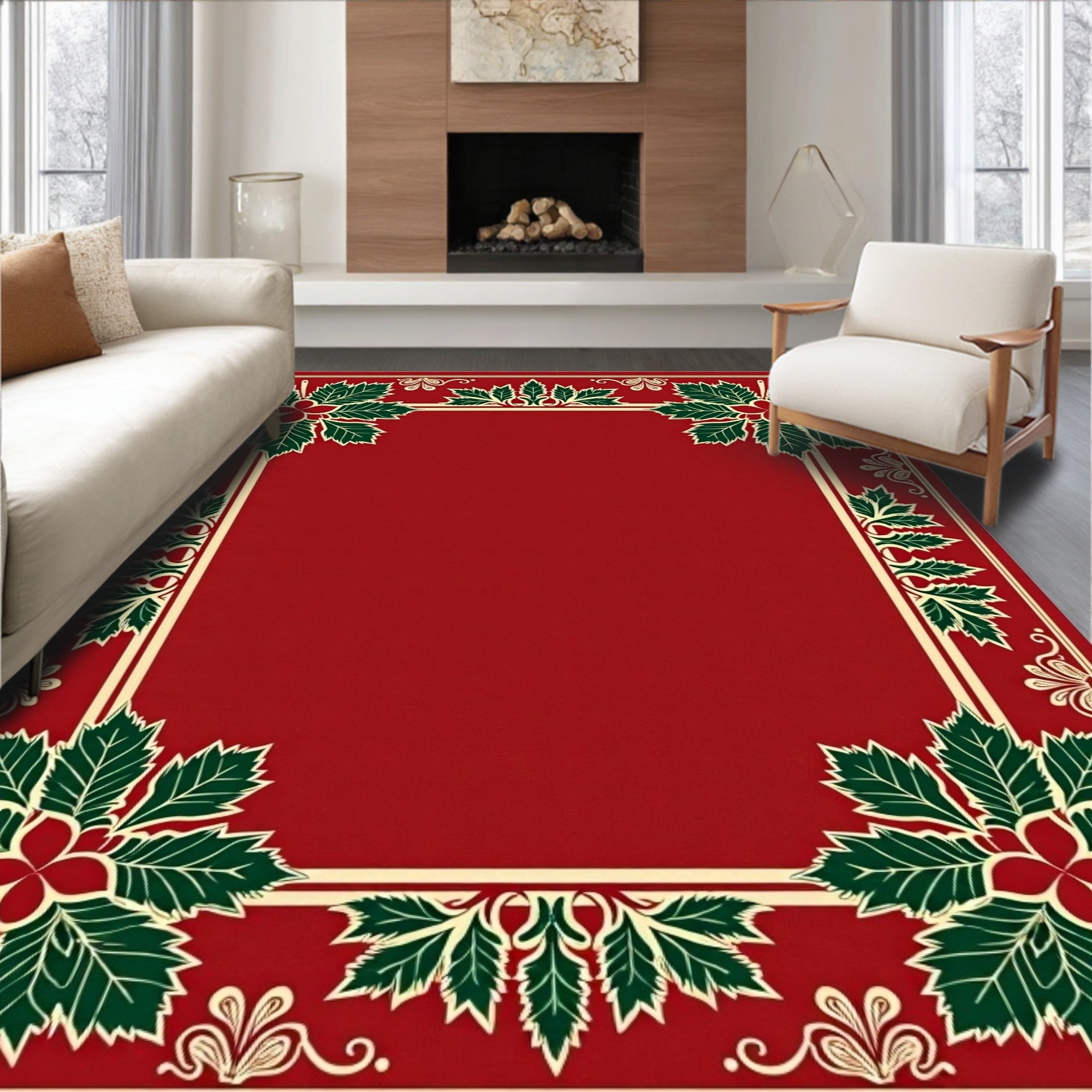 Classic Red Green Holly Border Rug