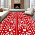 Red White Elaborate Floral Vertical Stripe Rug