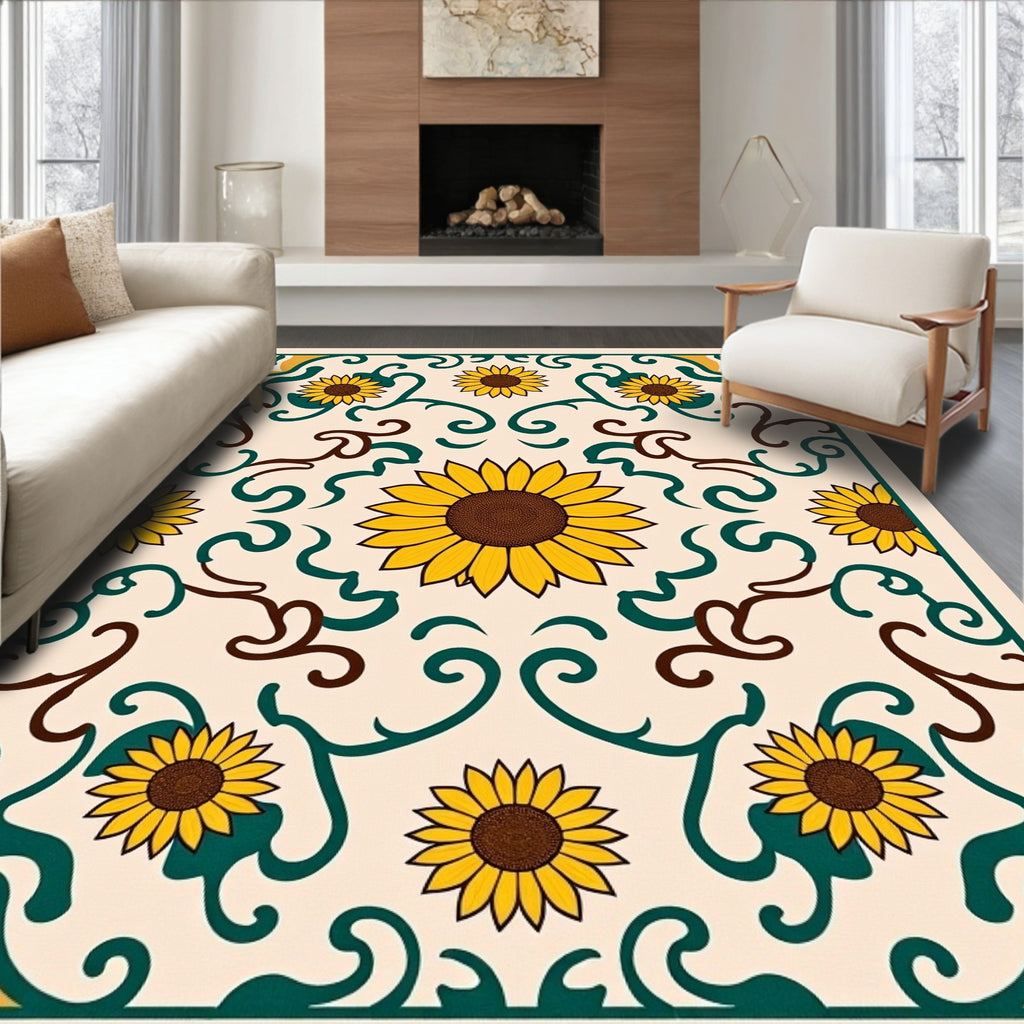 Golden Sunflower Folk Art Scroll Rug