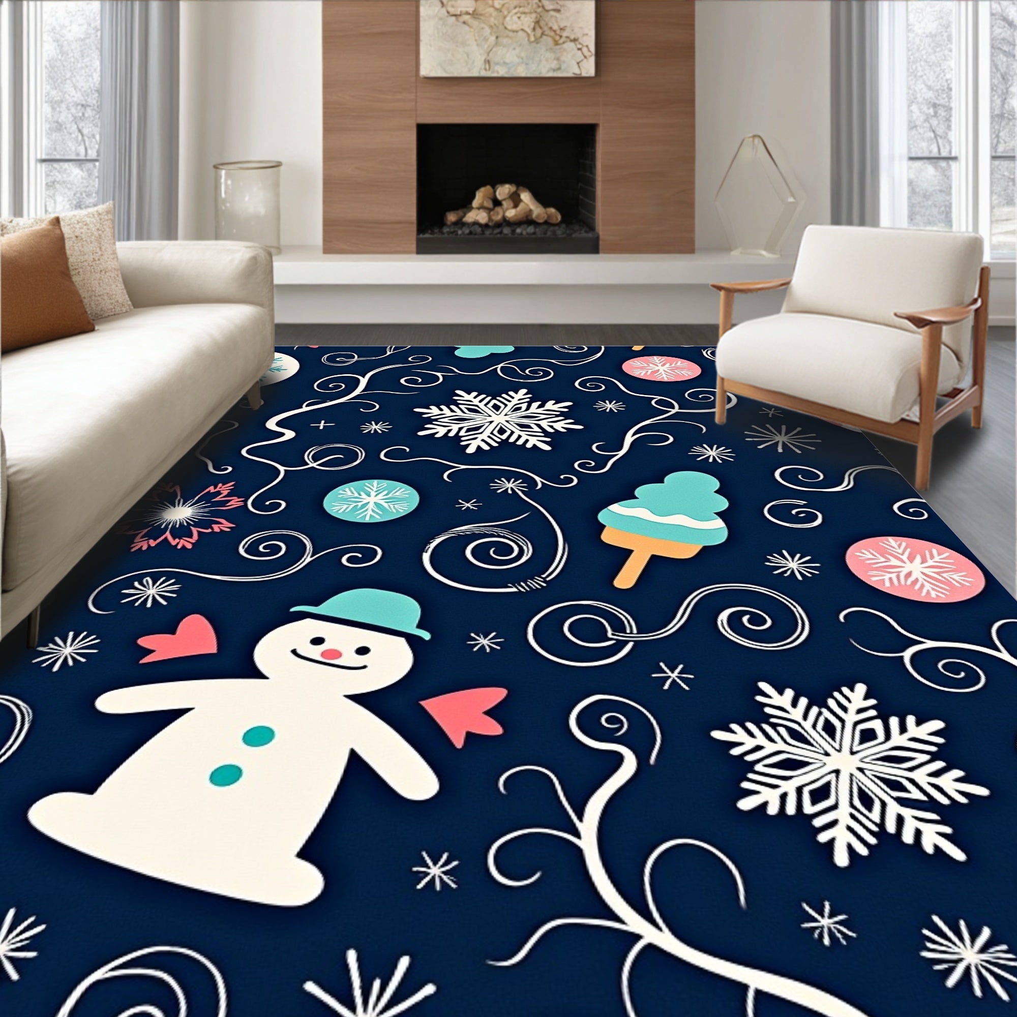Whimsical Snowman Snowflake Swirls Rug